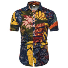 Load image into Gallery viewer, Hawaiian Shirts Linen Shirts Men Lump Chest Button Short Sleeve Round Hem Casual Loose Shirts Tie Henley Men Shirt Summer Tops