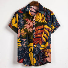 Load image into Gallery viewer, Hawaiian Shirts Linen Shirts Men Lump Chest Button Short Sleeve Round Hem Casual Loose Shirts Tie Henley Men Shirt Summer Tops
